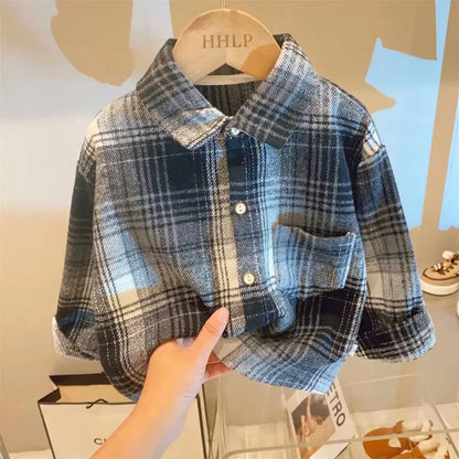 Plaid Kids Long Sleeve Button-Down Shirt with Classic Collar, Retro Casual Layering Top for Boys and Girls, Size Labels 90-150 cm