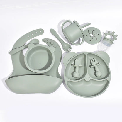 Silicone Suction Feeding Set, 10-Piece Panda Baby Tableware with Divided Plate, Bowl, Pocket Bib, Straw Cup and Two Utensil Pairs in Nine Colors