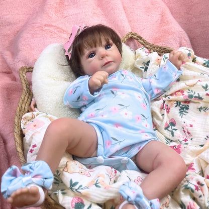 Blue Eyed Reborn Baby Doll Felicia with Hand-Rooted Hair and Soft Cloth Body, 18–19 Inch Vinyl Details, Clothes, Bottle and Random Pacifier