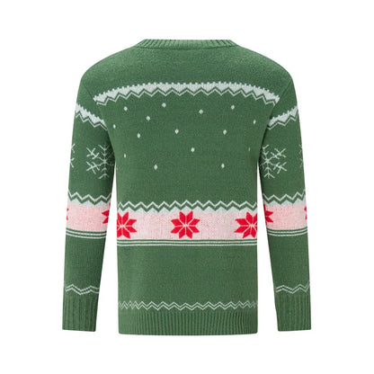 Reindeer Family Christmas Sweaters in Red or Green, Matching Mom Dad and Kids Long Sleeve Crewneck Pullovers for Holiday Photos and Parties