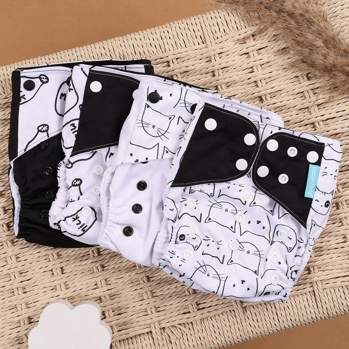 Reusable Cloth Diapers, Happyflute 4-Pack One-Size Pocket Baby Nappies with Adjustable Snap Closures, Washable Covers, Inserts Sold Separately