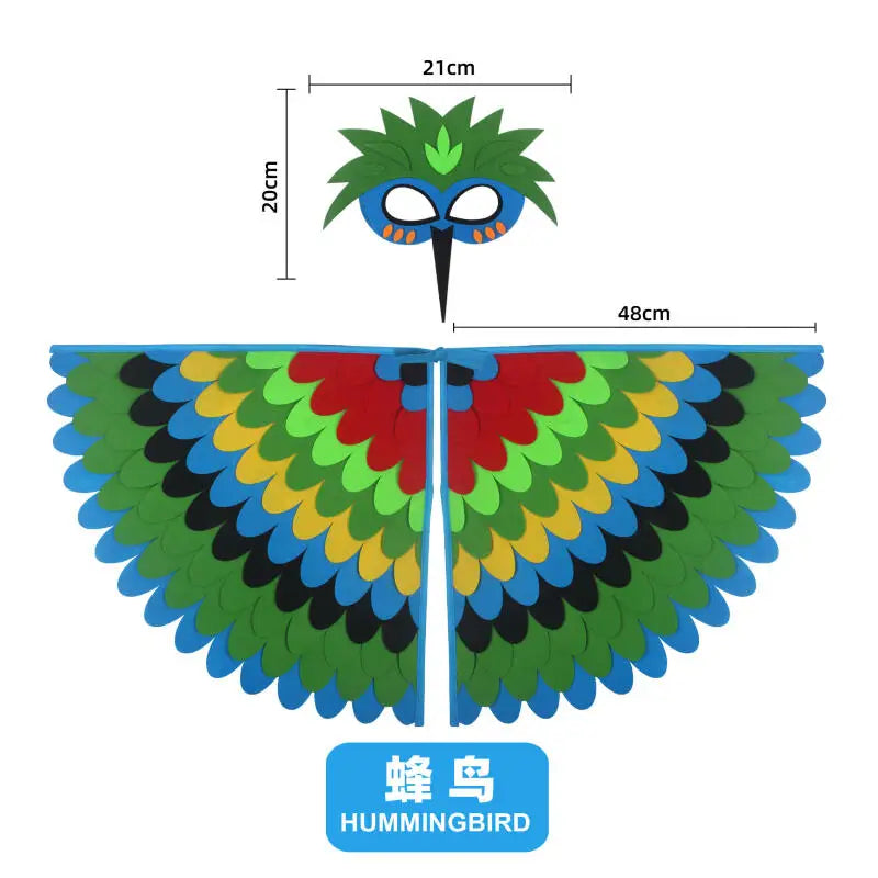 Kids Bird Wings and Mask Costume Set with Layered Felt Feather Cape, Colorful Animal Dress-Up for Halloween, Birthday Parties and Stage Performances
