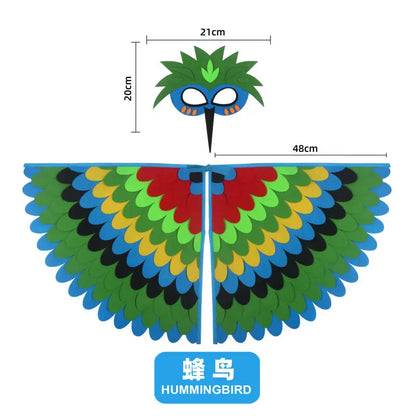 Kids Bird Wings and Mask Costume Set with Layered Felt Feather Cape, Colorful Animal Dress-Up for Halloween, Birthday Parties and Stage Performances