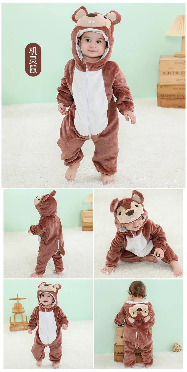 Baby Animal Hooded Costume Jumpsuit with Flannel Styling, Duck, Rabbit, Leopard and More Dress-Up Options for Boys and Girls, Sizes 70-120