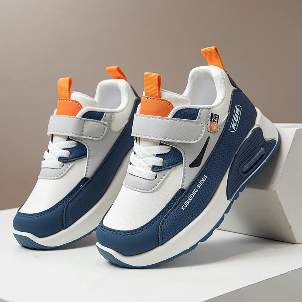 Color-Block Kids Running Shoes with PU Leather Upper, Soft Rubber Sole and Strap Closure for Boys and Girls, School Days and Outdoor Play