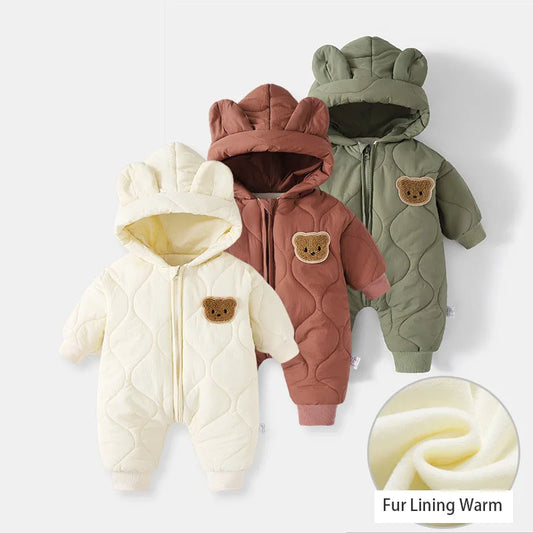Padded Hooded Baby Romper with Quilted Design, Bear Patch, Ear Hood and Front Zipper, Fleece Spring and Autumn Outfit in Beige, Green or Coffee