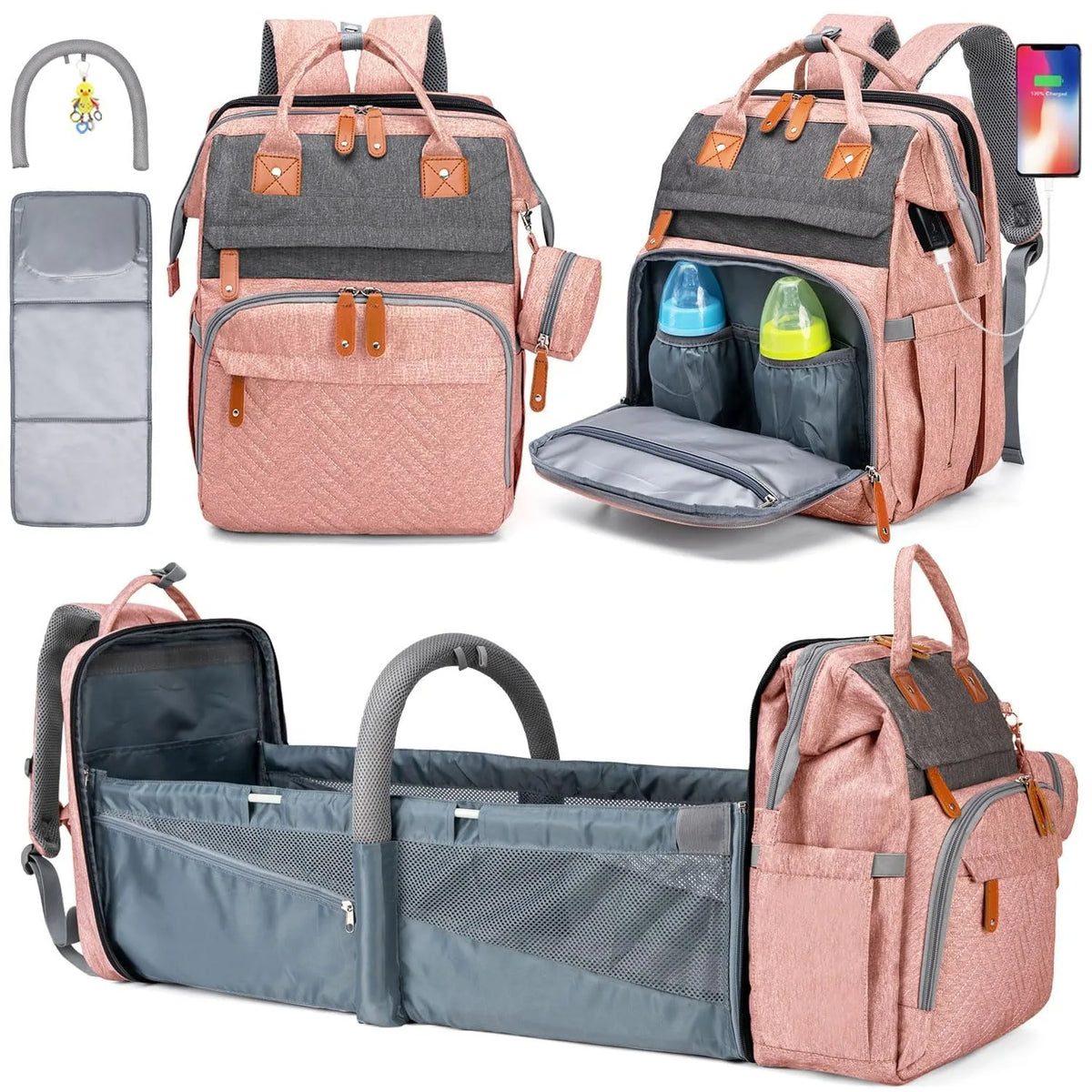 19-Pocket Diaper Backpack with Detachable Changing Station and USB Port, Baby Essentials Organizer with Pacifier Case for Moms and Dads