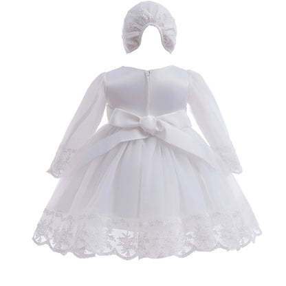 Baby Baptism Gown for Girls with Long Sleeves, Lace Details and Cotton Lining, Dress and Cap Set for Christening and First Birthday Photos