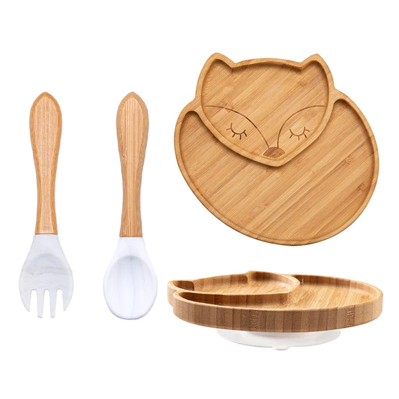 Baby Bamboo Suction Plate Set with Wooden-Handle Spoon and Fork, 3-Piece Cartoon Dinnerware with Divided Elephant Design for Toddler Meals
