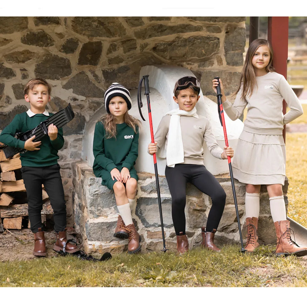 Kids Ski Graphic Cotton Outfits in Ecru, Hunter Green and Acid Wash Grey, Coordinating Sweatshirts, Dresses and Baby Sets for Sibling Matching Looks