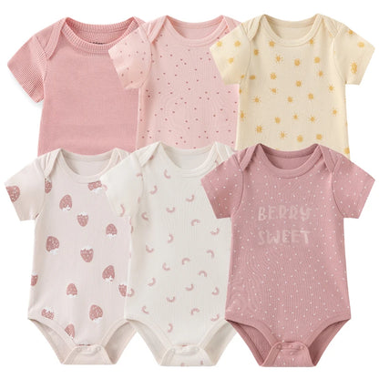 Baby Cotton Bodysuit Set, 6-Piece Short Sleeve Outfits with Envelope Shoulders and Snap Crotch for Boys and Girls, Sizes 3M-12M