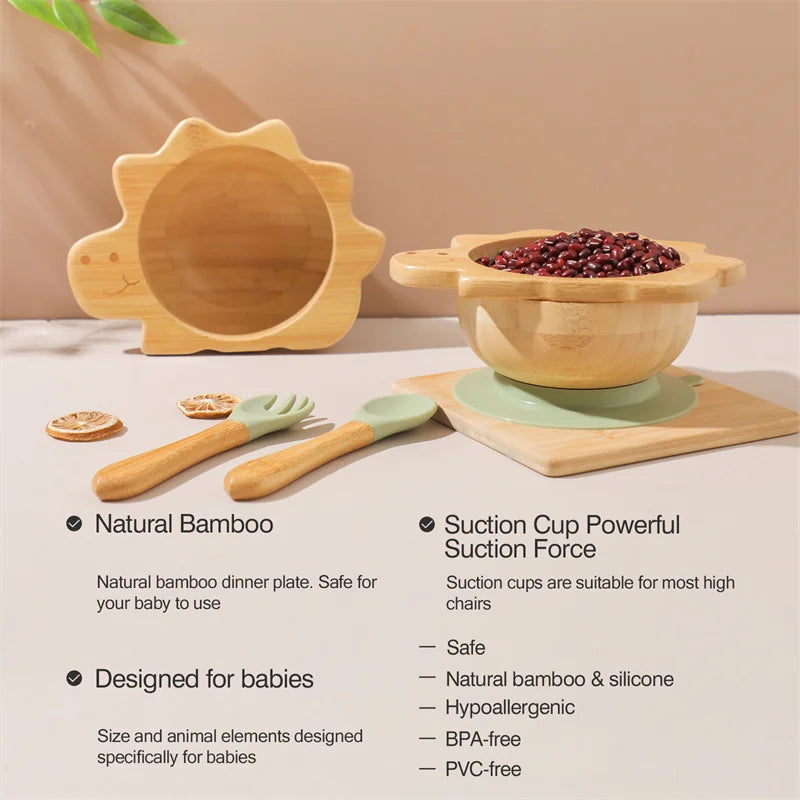 Bamboo Baby Suction Bowl and Tableware Options, Sun, Cloud and Dinosaur Designs with Single-Piece or 3-Piece Wooden-Handle Utensil Sets