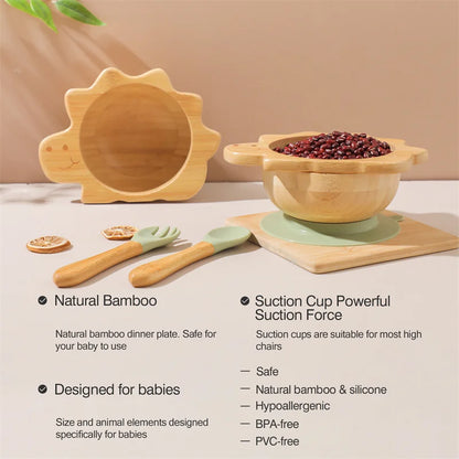Bamboo Baby Suction Bowl and Tableware Options, Sun, Cloud and Dinosaur Designs with Single-Piece or 3-Piece Wooden-Handle Utensil Sets