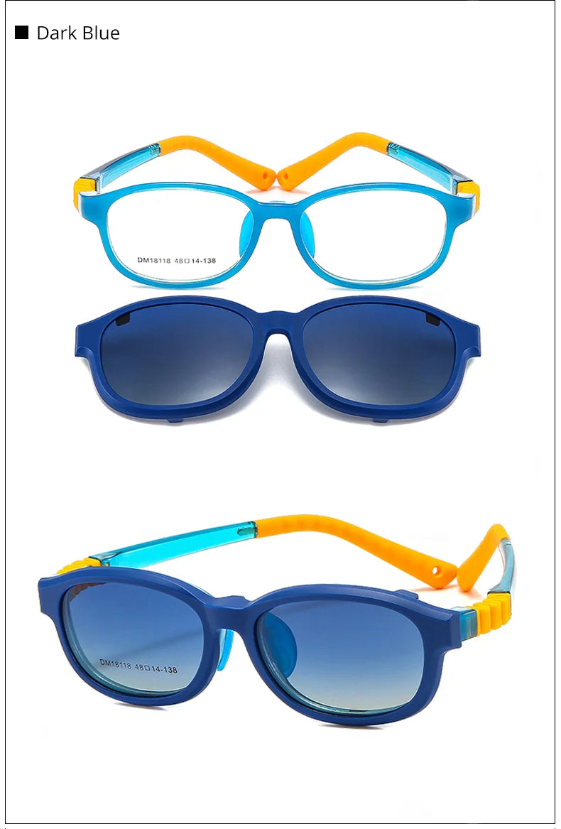 Children's 2-in-1 Sunglasses with Flexible Eyeglass Frame and Removable Sun Clip, Colorful Kids Shades for Summer Outings and Family Travel