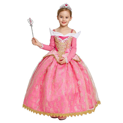 Pink Princess Costume Dress for Girls with Gold-Tone Detailing and Long Sleeves, Aurora-Inspired Party Dress-Up with Selectable Bundle Options