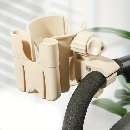 Stroller Beverage and Phone Organizer with Clamp Mount, 2-in-1 Cup and Bottle Holder in Black or Beige for Compatible Stroller and Wheelchair Frames