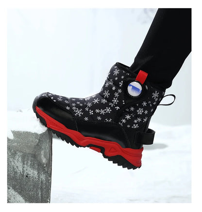 Snowflake Print Kids Winter Boots with Padded Shafts, Pull Tabs and Chunky Tread Soles, Pink Snow-Style Footwear for Boys and Girls