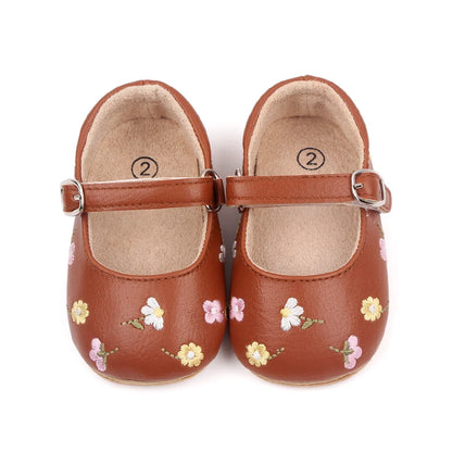 Baby Floral Mary Jane Shoes with Embroidered Flowers, Soft TPR Soles and PU Uppers in Beige Brown or Lavender for Dressy Outfits, Sizes 0-18 Months