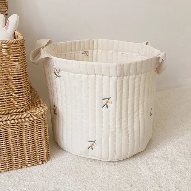Diaper Storage Basket with Cute Bear Embroidery and Carry Handles, Quilted Nursery Organizer for Newborn Diapers, Toys and Baby Essentials