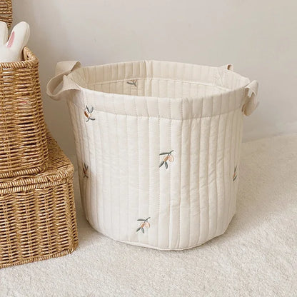Diaper Storage Basket with Cute Bear Embroidery and Carry Handles, Quilted Nursery Organizer for Newborn Diapers, Toys and Baby Essentials