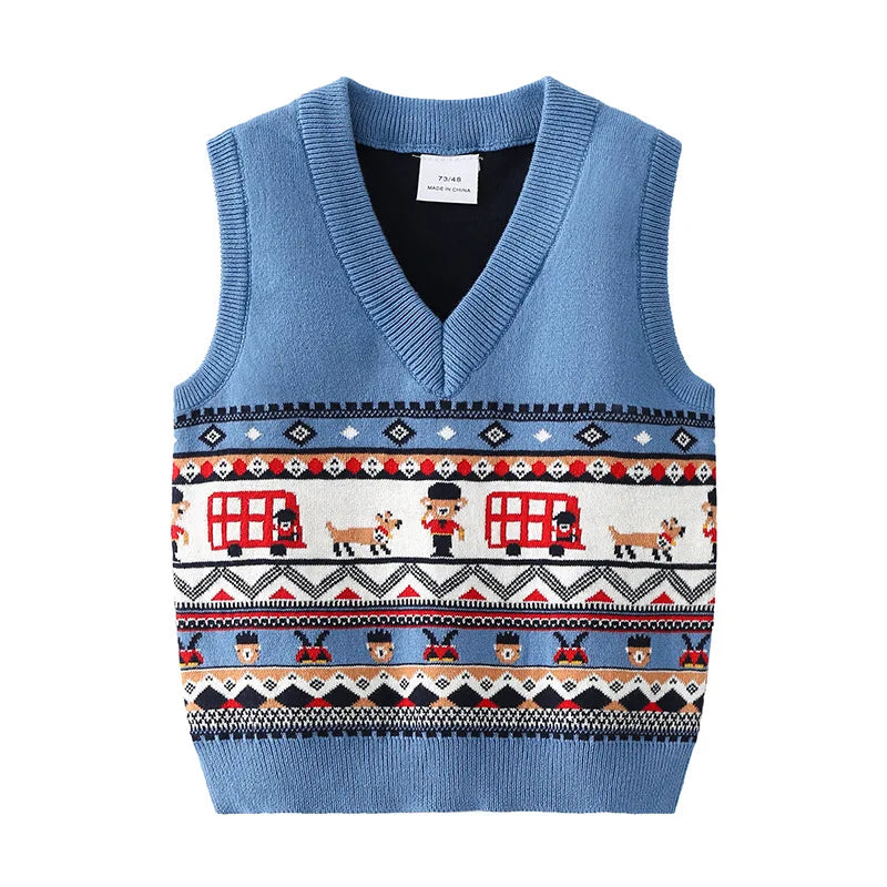 Blue V-Neck Baby Sweater Vest with Bus and Character Knit Pattern, Sleeveless Pullover with Ribbed Trim for Infant and Toddler Layering, 6M–3T
