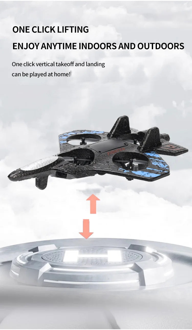 RC Fighter Drone with Lights, 2.4GHz Remote Control Foam Quadcopter in Red or Blue, Approx. 10-Minute Flight Time for Aviation Hobby Play