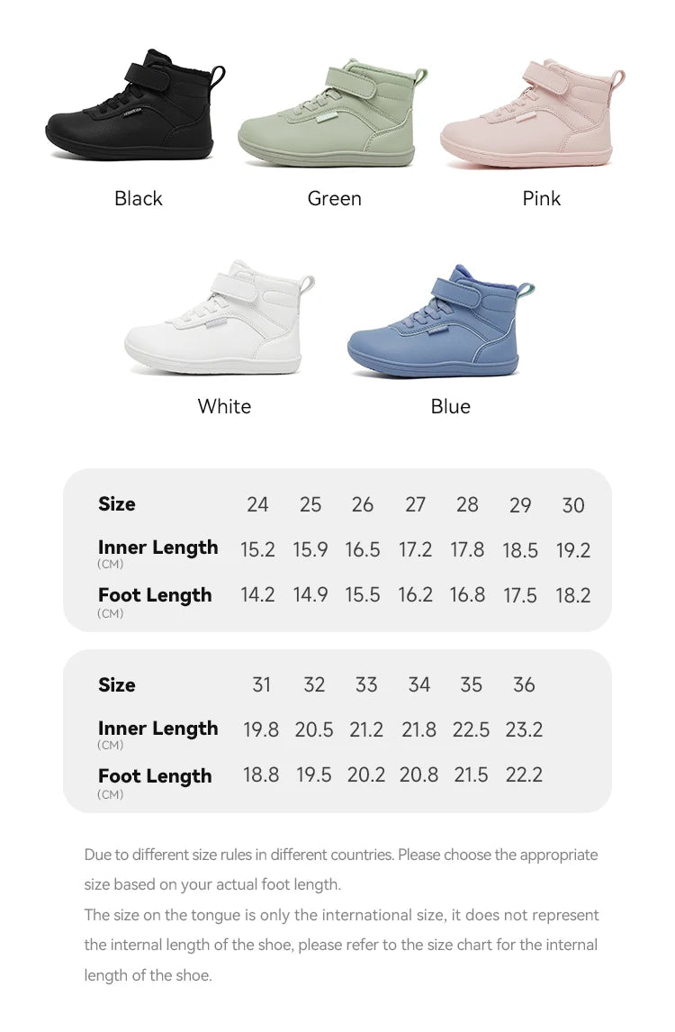 Winter Barefoot High-Top Shoes for Kids by HOBIBEAR, Wide Toe Box, Faux Fur Lining, Zero-Drop Rubber Sole and Adjustable Hook-and-Loop Strap