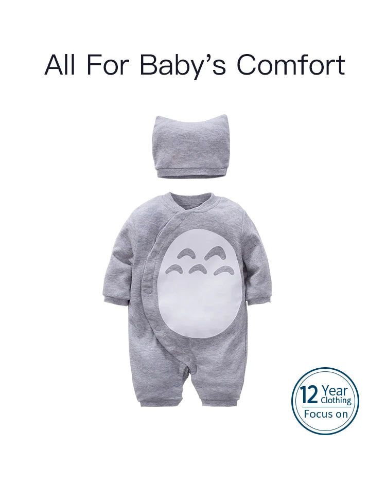 Gray Baby Romper and Hat Set with Cotton Long Sleeve Jumpsuit, Curved Snap Front and White Belly Graphic for Spring and Fall, 0-12M