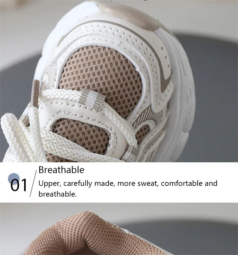 Children Mesh Sports Sneakers with Layered Panels, Lace and Strap Styling for Boys and Girls, Casual Spring and Fall Shoes in Red, Khaki or Black