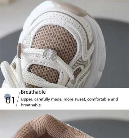 Children Mesh Sports Sneakers with Layered Panels, Lace and Strap Styling for Boys and Girls, Casual Spring and Fall Shoes in Red, Khaki or Black