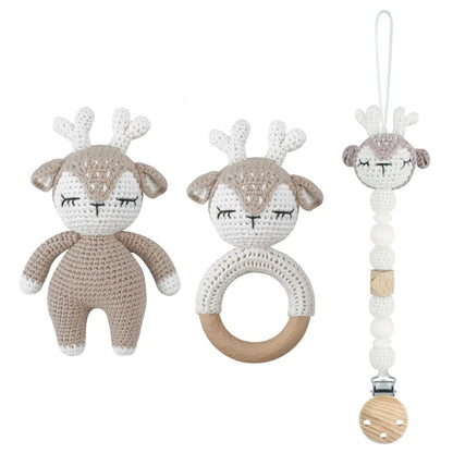 Crochet Animal Rattle Set with Wooden Ring and Coordinating Accessories, Rabbit, Deer and More Designs for Supervised Play and Baby Shower Gifts