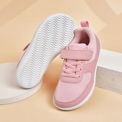 Kids Breathable Mesh Walking Shoes with Wide Toe Design, Hook-and-Loop Strap and Textured EVA Soles in Blue, Black, Pink or Grey