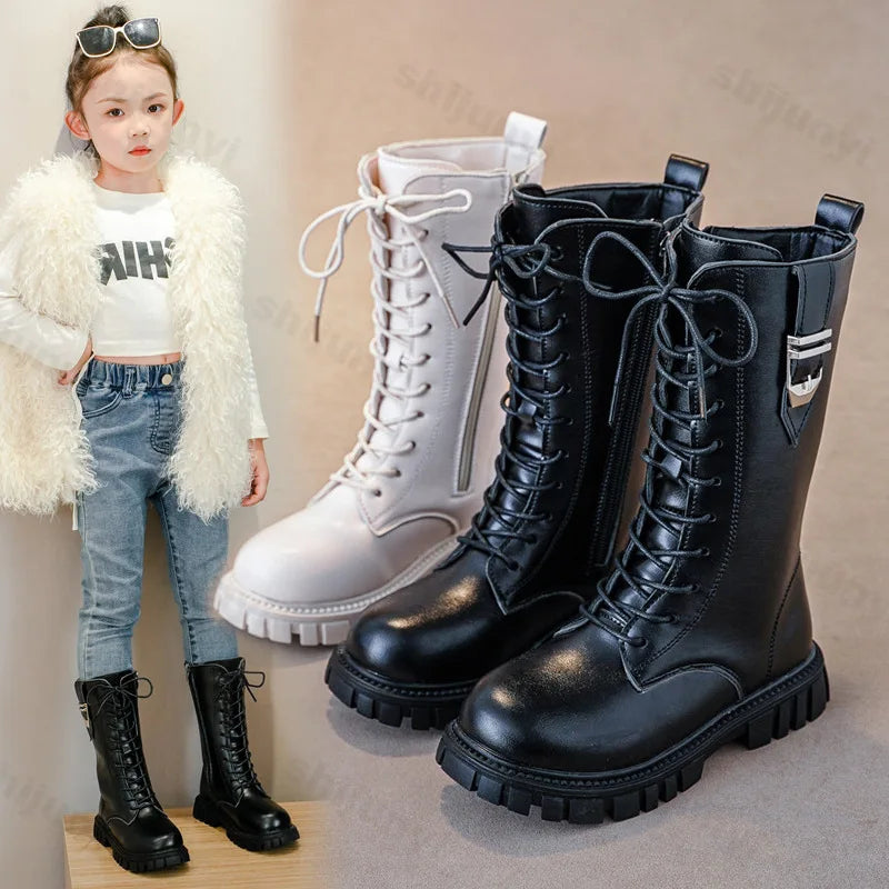 Girls Buckle Detail Tall Boots with Lace-Up Front and Side Zippers, Chunky Lug-Style Soles and Round Toes for Casual Fall Outfits
