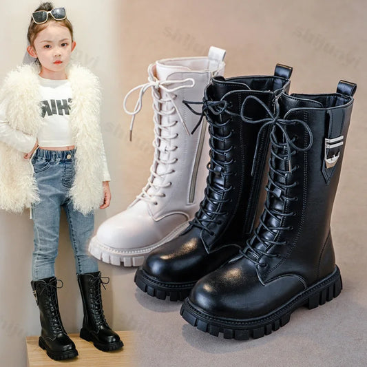Girls Buckle Detail Tall Boots with Lace-Up Front and Side Zippers, Chunky Lug-Style Soles and Round Toes for Casual Fall Outfits