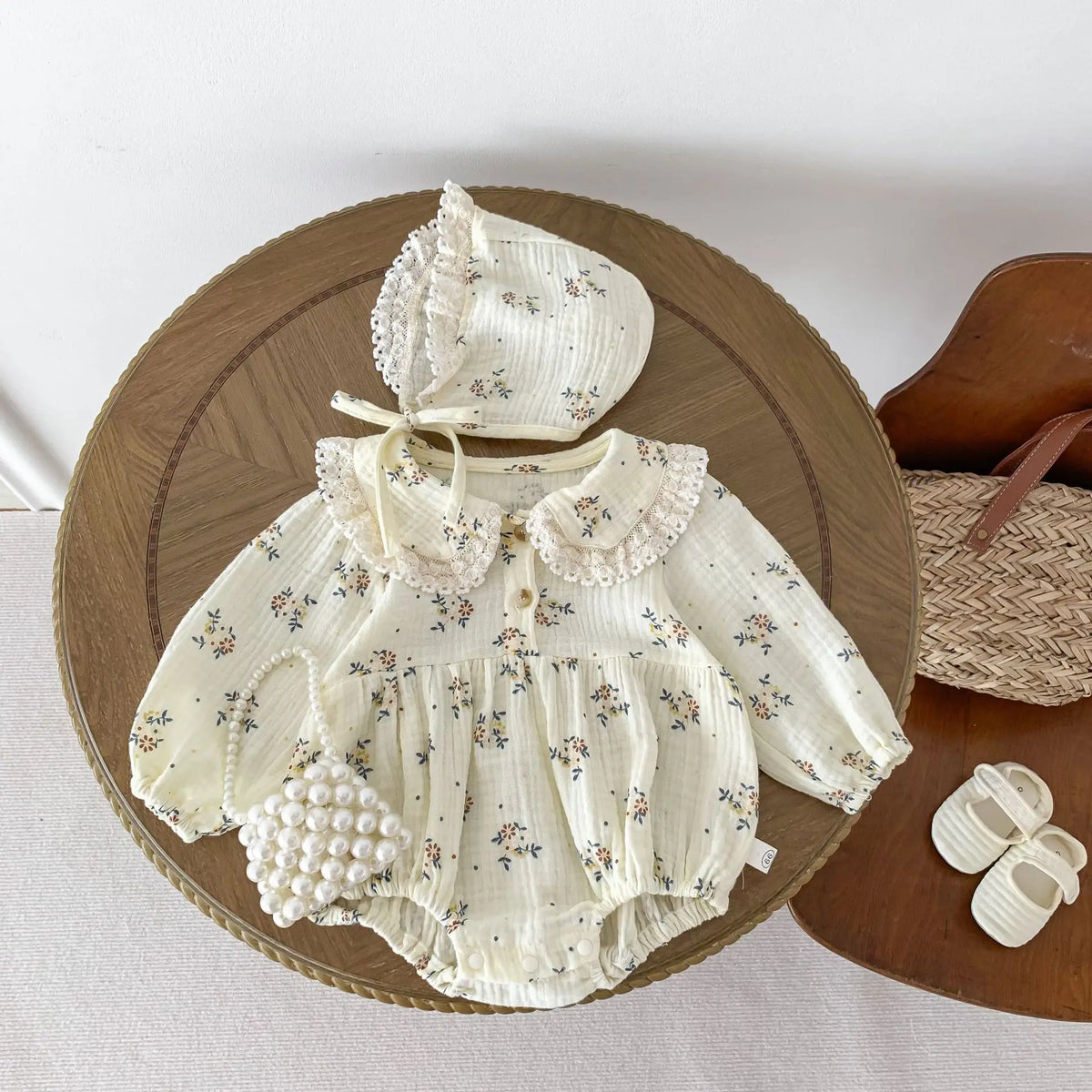 Lace Collar Baby Girl Romper with Bonnet, Cream Floral Long Sleeve Bubble One-Piece and Matching Hat for Spring Photos, Sizes 66-90