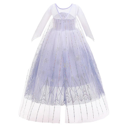 White Snowflake Princess Dress for Girls with Sheer Long Sleeves and Flowing Mesh Skirt, Snow Queen Costume for Birthdays and Halloween