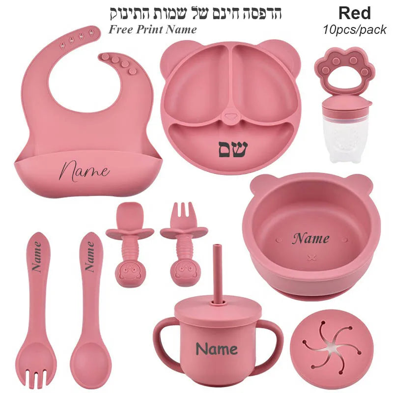 Ten-Piece Personalized Baby Feeding Set with Panda Divided Plate, Suction Bowl, Pocket Bib, Straw Cup and Utensils in Nine Color Options