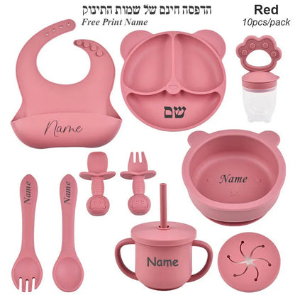 Ten-Piece Personalized Baby Feeding Set with Panda Divided Plate, Suction Bowl, Pocket Bib, Straw Cup and Utensils in Nine Color Options