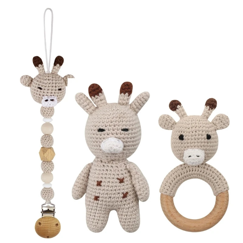 Crochet Animal Rattle Set with Wooden Ring and Coordinating Accessories, Rabbit, Deer and More Designs for Supervised Play and Baby Shower Gifts