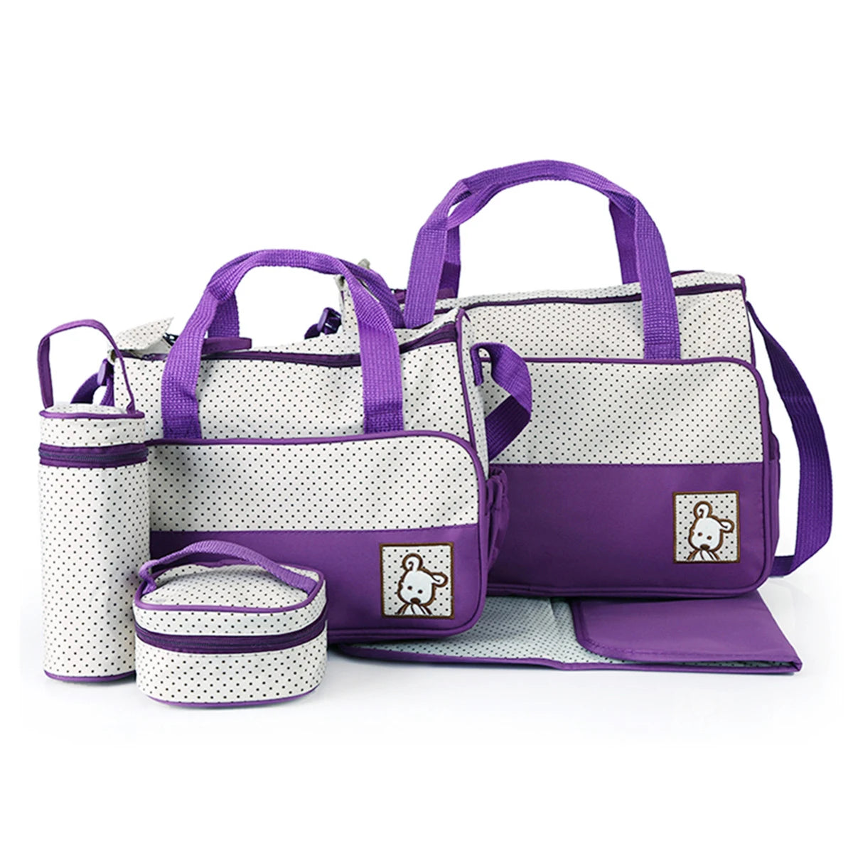 Diaper Bag Set 5 Piece with Polka Dot Design, Large Mommy Tote and Coordinating Storage Bags for Baby Essentials, Daily Outings and Travel
