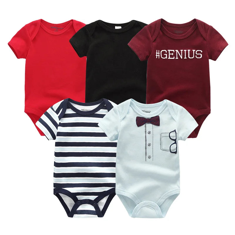 Infant Cotton Bodysuits 5-Pack with Short Sleeves and Envelope Shoulders, Solid Colors and Playful Prints for Baby Boys and Girls, Sizes 3M-12M