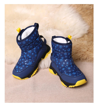 Snowflake Print Kids Winter Boots with Padded Shafts, Pull Tabs and Chunky Tread Soles, Pink Snow-Style Footwear for Boys and Girls