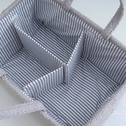 Striped-Lining Diaper Caddy with Plush-Textured Exterior, Three Compartments and Carry Handles for Nursery Supplies and Baby Bottle Storage