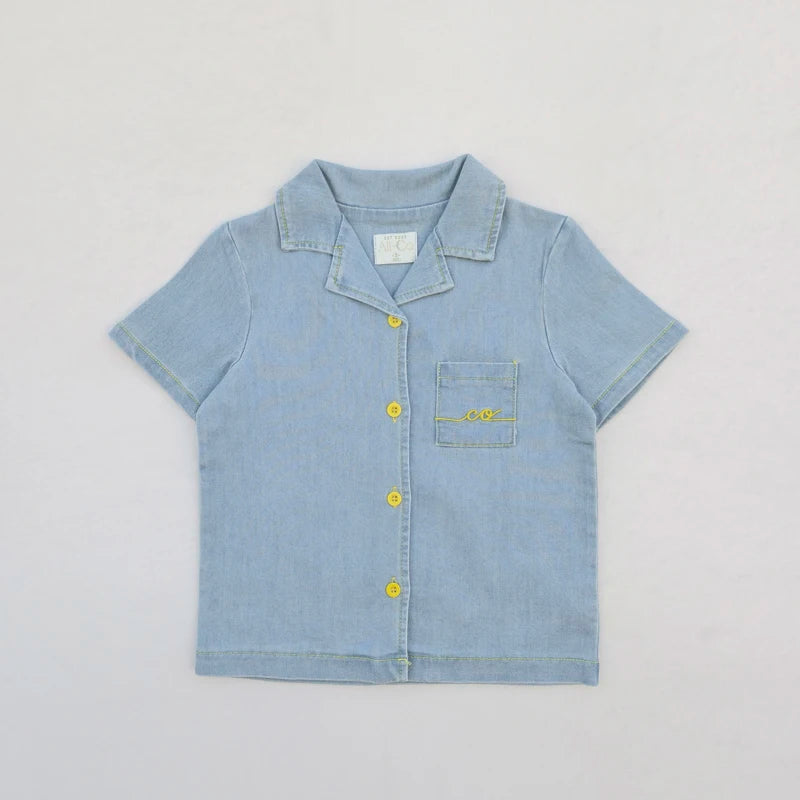 Light Blue Denim Sibling Outfits, Cotton Boys Shirts and Shorts, Girls Dresses and Skirts, Baby Rompers and Overalls for Matching Family Looks