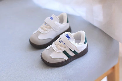 Toddler Twin Stripe Strap Sneakers with Faux PU Uppers and Lace Details, Black, Beige or Green Casual Shoes for Boys and Girls, 11.8-16 cm Inner Lengths