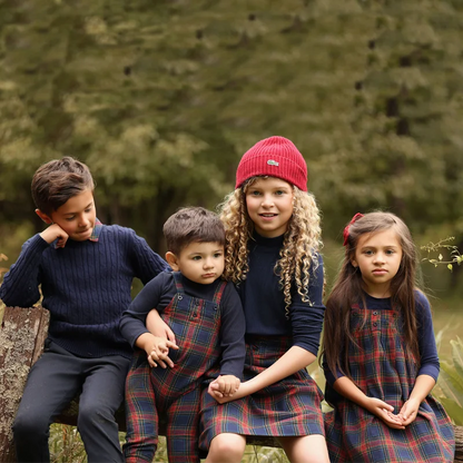Navy Tartan Sibling Matching Outfits, 100% Cotton Plaid Jumper Dresses, Teen Skirts, Baby Rompers and Coordinating Boys and Girls Tops
