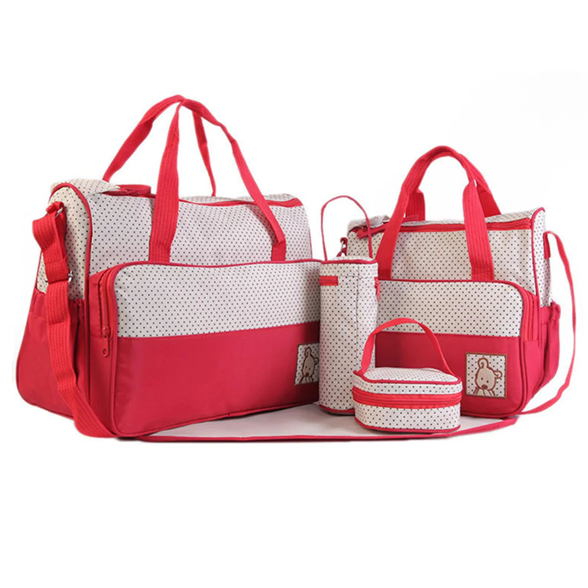 Diaper Bag Set 5 Piece with Polka Dot Design, Large Mommy Tote and Coordinating Storage Bags for Baby Essentials, Daily Outings and Travel