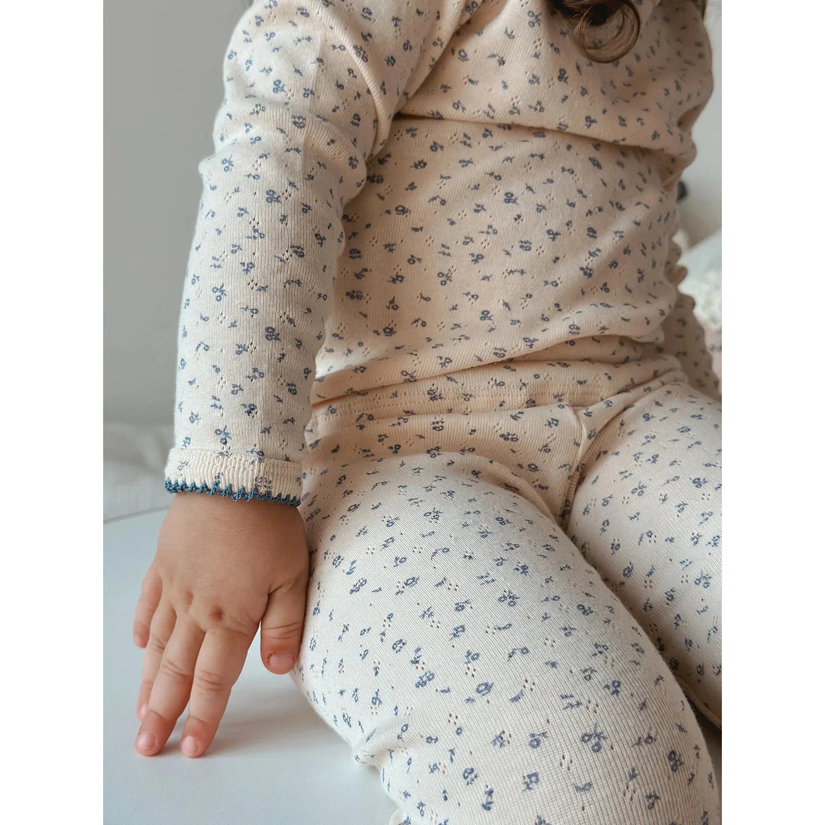 Cherry Print Girls Cotton Pajama Set, Cream Long Sleeve Top and Matching Pants with Red Picot Trim, Two-Piece Toddler Homewear, 1-6T