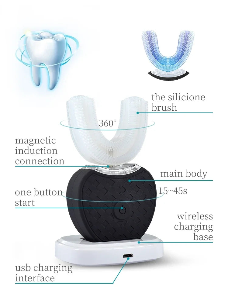 Silicone Mouthpiece Electric Toothbrush for Adults with U-Shaped Head, Three Modes, Rechargeable Handle and Charger for Everyday Oral Care