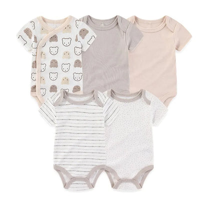 Baby Bodysuit Multipack in Cotton, 4- or 5-Piece Short Sleeve Infant Clothing with Printed and Solid Designs for Boys and Girls, Sizes 3M-12M